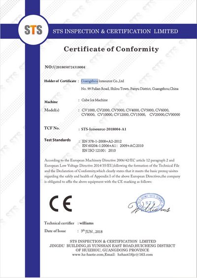 Сертификат CE на льдогенераторы кубического льда